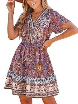 CUPSHE Damen V-Ausschnitt Floral Paisley Print Kurzarm Bohemia Minikleid Casual A Linie Sommer Kurzes Kleid, Violettes Blumenmuster, L von CUPSHE