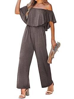 CUPSHE Damen Volant Schulterfrei Strampler Kurzarm Rüschen Overall Strampler Breites Bein Outfit, Braun, S von CUPSHE