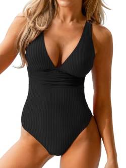 CUPSHE Einteiliger Damen-Badeanzug, breite Träger, V-Ausschnitt, gerüscht, strukturiert, gerippt, U-Rücken, Schwarz, Medium von CUPSHE