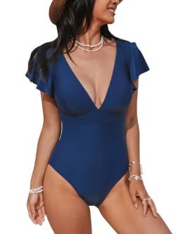 CUPSHE Einteiliger Damen-Badeanzug, tiefer V-Ausschnitt, kurze Rüschen, geteilte Ärmel, U-Rücken, Marineblau, Medium von CUPSHE