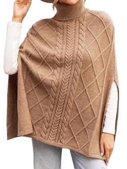 CUPSHE Frauen Poncho Zopfmuster Rollkragen gerippte Trim Halbarm Pullover, Khaki, S von CUPSHE