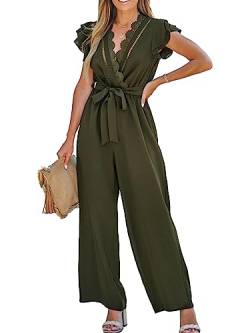 CUPSHE Sommer Frauen V-Ausschnitt Spitzenbesatz Lange Strampler Selbstbinden Gürtel Rüschen Ärmel Overalls Maxi Casual Jumpsuit, Olivgrün, M von CUPSHE