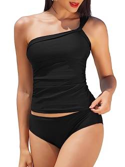 CUPSHE Tankini-Badeanzüge für Damen, zweiteiliger Badeanzug, eine Schulter, niedriger Rücken, verstellbare Träger, Schwarz, XL von CUPSHE