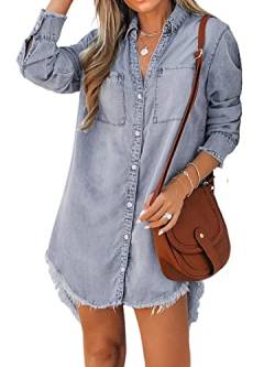 CUPSHE Women Denim Shirt Mini Tunic Dress Casual Oversized Autumn Long Sleeve Frayed Hem Tops Blouse with Pockets Light Blue M von CUPSHE