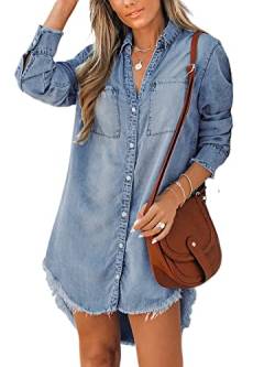 CUPSHE Women Denim Shirt Mini Tunic Dress Casual Oversized Autumn Long Sleeve Frayed Hem Tops Blouse with Pockets Sky Blue M von CUPSHE