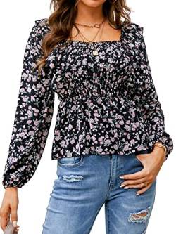 CUPSHE Women Top Shirt Floral Long Sleeve Top Square Neck Ruffles Smocked Blouse Tops Chic Black M von CUPSHE