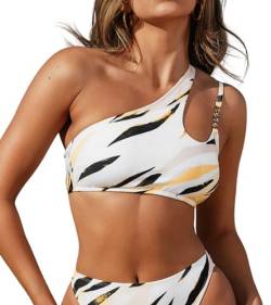 CUPSHE X STASSIE Damen Bikinioberteile Cut Out Tops Badeanzug Asymmetrischer Hals Ausschnitt Quadrat Ring Kette Badeanzüge Marmordruck, L von CUPSHE