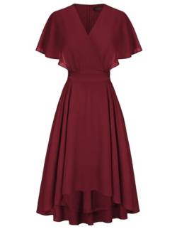 Damen Elegant Chiffonkleid V-Neck Cape Ärmel A-Linie Cocktailkleid Knielang Kleider Rotwein 36 von CURLBIUTY