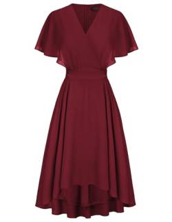 Damen Kurzarm Kleid High Waist A-Linie Cocktaikleid Elegant Chiffon Sommerkleid Rotwein 42 von CURLBIUTY