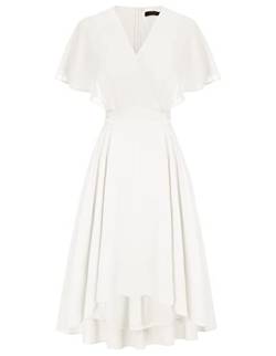 Damen Kurzarm Kleid High Waist A-Linie Cocktaikleid mit Gürtel Festliches Chiffon Sommerkleid Weiß XL von CURLBIUTY