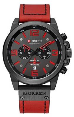 CURREN Chronograph, Mode-Trend, Multifunktions-Armbanduhr, wasserdicht, Quarzuhr, Lederarmband, Militär-Armbanduhr, schwarz / rot, Luxus von CURREN