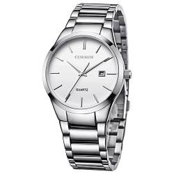 CURREN Herren Uhren Klassisch Schwarz/Silber Stahl Band Quarz Analog Armbanduhr mit Datum für Mann …, silberfarben / weiß, Armband von CURREN