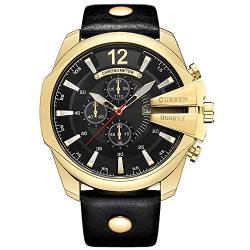 CURREN Herren Uhren Luxus Gold Männlich Mode Lederband Outdoor Casual Sport Armbanduhr mit großem Zifferblatt, Goldfarben / Schwarz, Gurt von CURREN