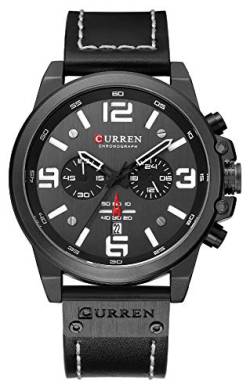 CURREN Luxus-Marke Herren Militär Stoppuhr Wasserdicht Leder Chronograph Armbanduhr Herren Mode Quarz Armbanduhr (Schwarz), Schwarz, Quarzuhr, Chronograph von CURREN