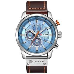 Herren-Armbanduhr, Lederarmband, Militär-Uhren, Herren, Chronograph, wasserdicht, Sport, Datum, Quarz-Armbanduhr, Geschenke, silber, blau, Chronograph, Quarz-Uhrwerk von CURREN