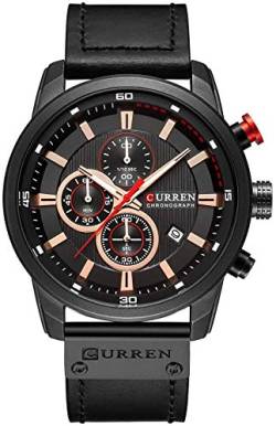 Herren-Armbanduhr, Lederarmband, klassisch, lässig, Edelstahl, wasserdicht, Chronograph, Datum, Analog, Quarzuhr Sport schwarz von CURREN