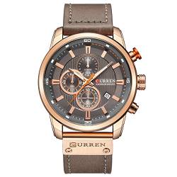 Herren Lederarmband Militäruhren Herren Chronograph Wasserdicht Sport Armband Date Quarz Armbanduhr Geschenke, Goldgrau, Chronograph, Quarz-Uhrwerk von CURREN