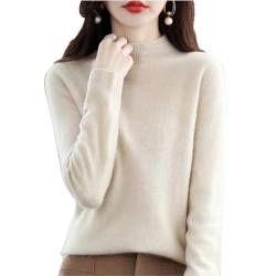 CUSON Kaschmir-Pullover für Damen, 100 % Kaschmir, langärmelig, Rundhalsausschnitt, weich, warm, Strickpullover, beige, M von CUSON