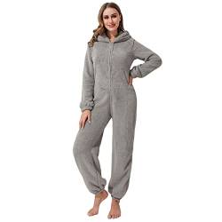 Damen Erwachsene Niedliche Onesies Fleece-Pullover Schlafanzug Plus Größe Kapuze Winter Warmes Geschenk EIN Stück Pyjama-Sets, S-5XL,Grau,XL von CUTEAS