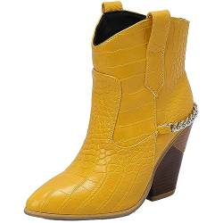 CUTEHEELS Damen Mode Cowboy Stiefeletten mit Spitzer Zehenpartie und Klobigen Absatz (Gelb, 41) von CUTEHEELS