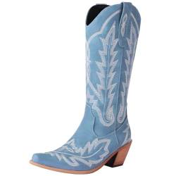 CUTEHEELS Damen Slip-On Mid-Calf Cowboy-/Westernstiefel mit Blockabsätzen (Blau, 43) von CUTEHEELS