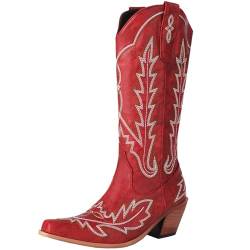 CUTEHEELS Damen Slip-On Mid-Calf Cowboy-/Westernstiefel mit Blockabsätzen (Rot, 34) von CUTEHEELS