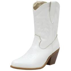 CUTEHEELS Damen Vintage Slip-On Cowboy/Western Stiefeletten mit Blockabsätzen (Weiß, 34) von CUTEHEELS