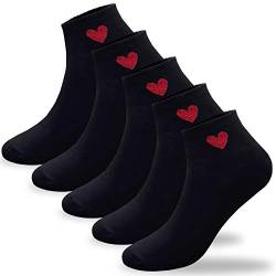 CUTIE MANGO Damen Herzdruck Baumwolle Crew Socken Sneaker Knöchel Neuheit Casual Weich Niedlich Lovely Crazy Fun, 5 Paar schwarz, Medium von CUTIE MANGO