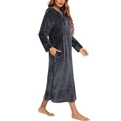 CUTIECLUB Damen Kapuze Langer Flanell Robe Weiches Kleid Pyjama Warm Fleece Nachtwäsche PJS Plüsch Dressing Loungewear mit Reißverschluss, grau, 46 von CUTIECLUB