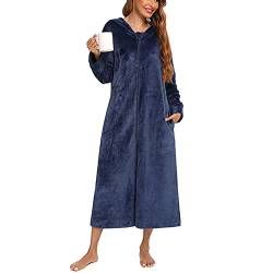 CUTIECLUB Damen Kapuze Langer Flanell Robe Weiches Kleid Pyjama Warm Fleece Nachtwäsche PJS Plüsch Dressing Loungewear mit Reißverschluss, navy, 38 von CUTIECLUB