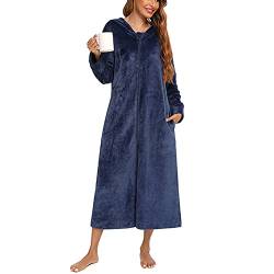 CUTIECLUB Damen Kapuze Langer Flanell Robe Weiches Kleid Pyjama Warm Fleece Nachtwäsche PJS Plüsch Dressing Loungewear mit Reißverschluss, navy, 46 von CUTIECLUB