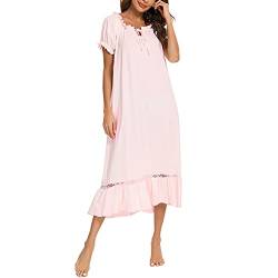 CUTIECLUB Damen Nachthemd Kurzarm Nachtwäsche Casual Rüschen Nachthemden Pyjama, rose, XX-Large von CUTIECLUB