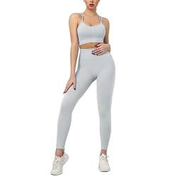 CUTIECLUB Sporstwear-Set für Damen, 2-teiliges Set, Workout-Outfit, gerippt, nahtlos, Yoga, Sport, BH, Leggings, Trainingsanzüge für Joggen und Yoga, hellgrau, 36 von CUTIECLUB