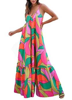 Damen-Kleid mit tiefem V-Ausschnitt, rückenfrei, böhmisches Blumenmuster, langes Kleid, ärmellos, Straßenkleidung, Sommer-Strandkleid (Color : Color, Size : XXL) von CUTSKY