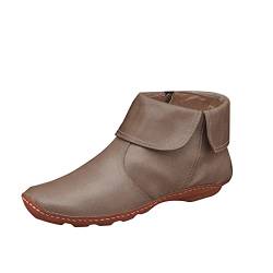 CUTeFiorino Damen uziert Up Flat Round Plissee Damen Vintage Stiefel Ankle Winter Toe Fashion Zip Damenstiefel Schuhe Für Schmale Füße Damen (Khaki, 39) von CUTeFiorino