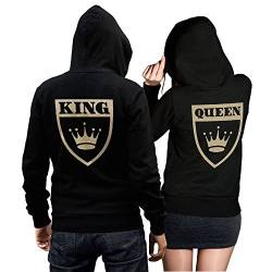 CVLR King Queen Pärchenpullover 2er-Set - Zwei Hoodies in schwarz mit großem King und Queen Wappen in Gold auf dem Rücken (King Gr. M + Queen Gr. S) von CVLR