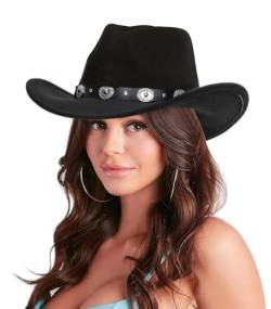 Schwarzer Cowboy-Cowgirl-Hut für Damen und Herren, Western-Stil, breite Krempe, Filz, Fedora-Hut mit abnehmbarer Gürtelschnalle, Blackstyle a, 58 EU von CXQRR