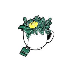 Brosche, Metallabzeichen. Grüne Pflanze Topf Anstecknadel Kaffee Tee glückliches Leben kleine gelbe Blume Geschenk Brosche Abzeichen (Color : Style 2) von CYBCCC