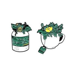 Brosche, Metallabzeichen. Grüne Pflanze Topf Anstecknadel Kaffee Tee glückliches Leben kleine gelbe Blume Geschenk Brosche Abzeichen von CYBCCC