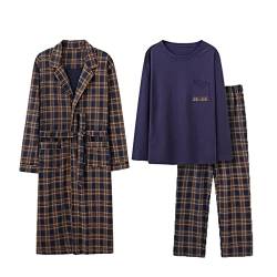 CYGE 3-Teiliges Pyjama-Set Für Herren Übergröße Baumwolle Revers V-Ausschnitt Klassisch Kariert Langärmelig Geknöpft Mit Bademantel,Kk3027,4XL von CYGE