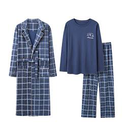 CYGE 3-Teiliges Pyjama-Set Für Herren Übergröße Baumwolle Revers V-Ausschnitt Klassisch Kariert Langärmelig Geknöpft Mit Bademantel,Kk3028,3XL von CYGE