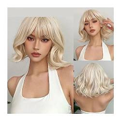 Cosplay Perücke Platinblonde, kurze, gewellte Perücke mit Pony, synthetischer Bob, Cosplay, Lolita, Naturhaar-Perücken for weiße Frauen, hitzebeständig Party Cosplay Perücke von CYKD-777