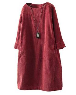 CYSTYLE Damen 3/4 Aermel Tunika Tshirt Kleider Oversize Cordkleider Langarm Longshirt Pullover Top Outwear (Rot, XXL) von CYSTYLE
