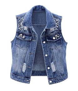 CYSTYLE Damen Jeansweste BF Perlen Jacke Ärmellos Einfache Beiläufige Jeansweste Denim Weste mit Loch Design (Blau, L) von CYSTYLE