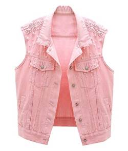 CYSTYLE Damen Jeansweste BF Perlen Jacke Ärmellos Einfache Beiläufige Jeansweste Denim Weste mit Loch Design (Rosa, S) von CYSTYLE