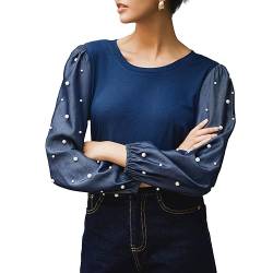 CYSTYLE Damen Perle Langarmshirt Tunika Denim Jeans Patchwork Langarm Rundhals Oberteile Lang Damen Pullover Bluse Tops von CYSTYLE