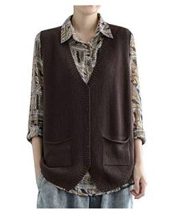 CYSTYLE Damen Strickweste Pullunder Weste Ärmellose V-Ausschnitt Strickjacke Cardigan Strickweste Vest Top Outwear mit 2 Taschen (Braun, M) von CYSTYLE