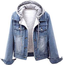 CYSTYLE Damen Winter Jeansjacke Gefütterte Denim Jacket Jeans Jacke mit Fell Mantel Warme Winterjacke mit Kapuze Top Outwear (Hellblau, XXL) von CYSTYLE