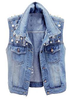 CYSTYLE Neue Damen Denim Weste Jacke Ärmellos Einfache Beiläufige Jeansweste mit Perle Design (EU M=Asia XL) von CYSTYLE