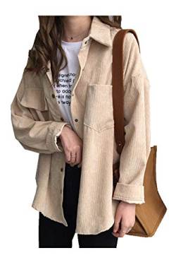 CYSTYLE Retro Vintage Damen Cord Hemd Cordjacke Freizeit BF Jacken Oberteile Casual Langarm Top Outwear (Beige, One Size) von CYSTYLE